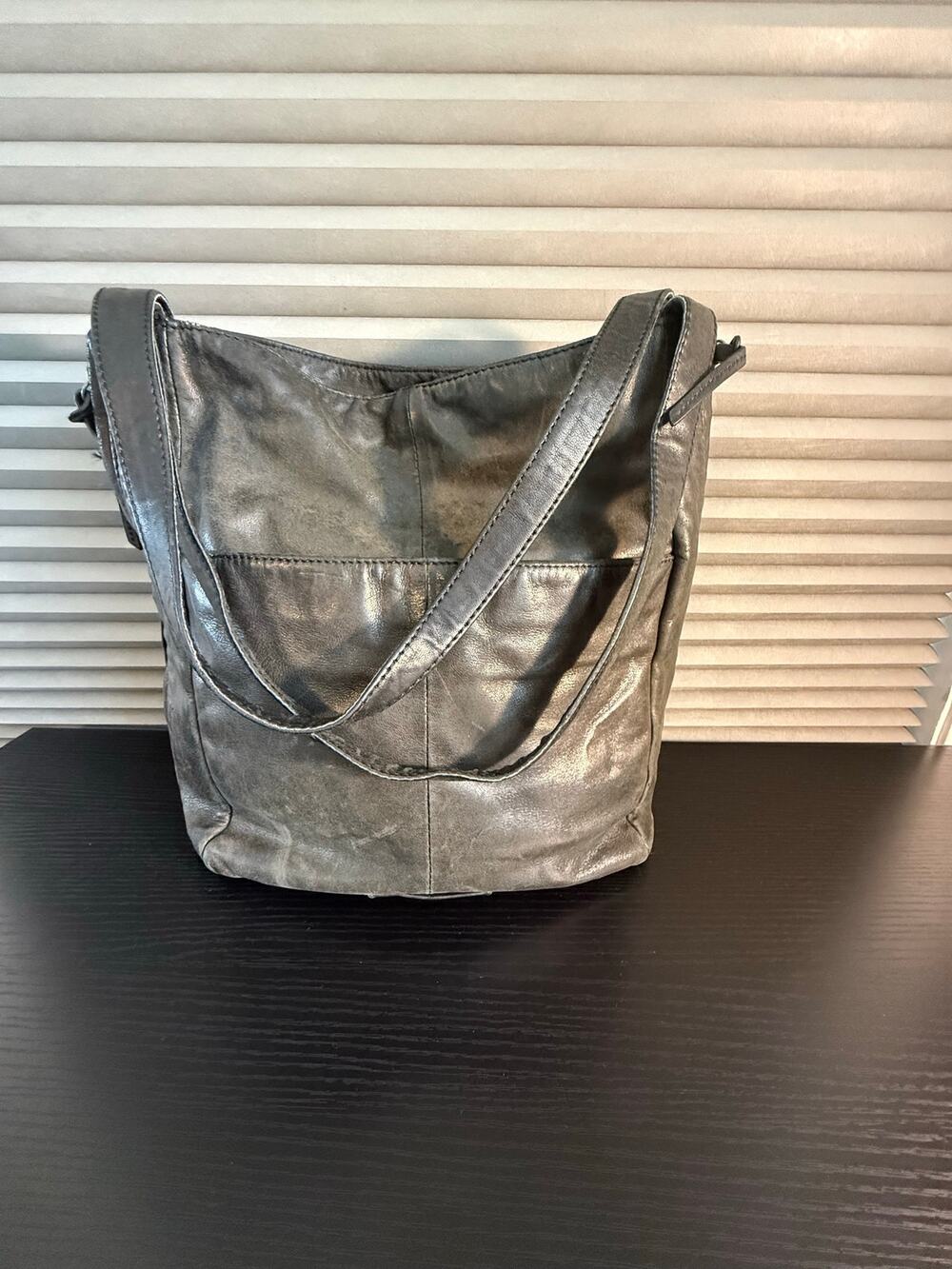 Lucky Brand Genuine Leather Tote Bag Black Shoulder Purse Distressed Boho